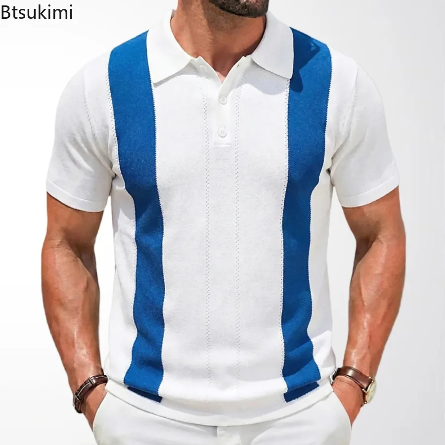 Polo de manga corta para hombre, cárdigan ajustado de punto para negocios, ropa de calle informal, Tops masculinos, primavera y verano, 2024