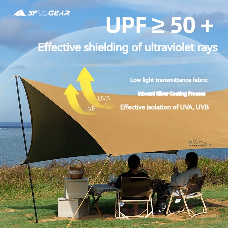 3FUL GEAR Large Hexagonal Canopy 18㎡ Sunshade Sun Protection Shade Cloth Awning Tarpaulin Tarp Shelter Silver Coated Waterproof