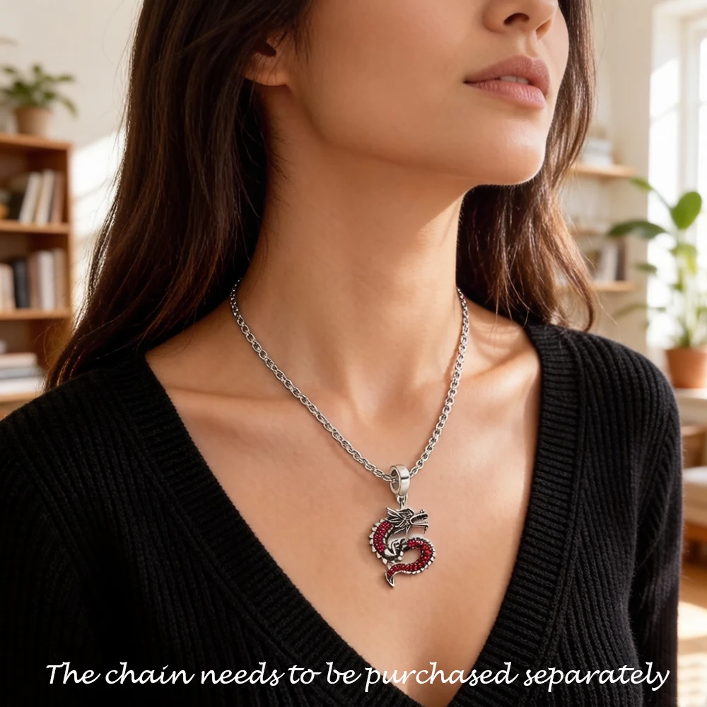 Rosaroter Stein-Drachen-Anhänger, europäischer Glücksbringer-Schmuck für Damen und Herren, neues, reines 925er-Sterlingsilber, Vintage-Geschenk – Detail 5