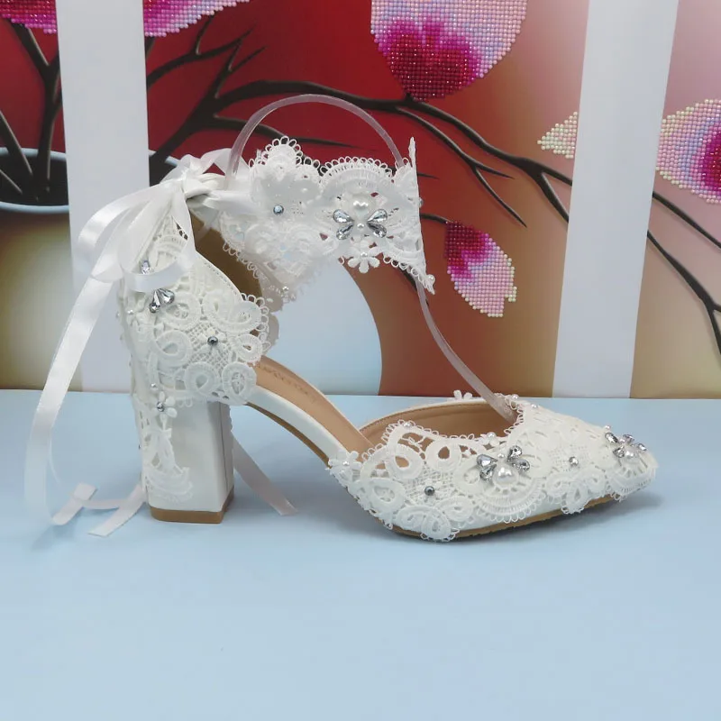 2023 New arrival Lace Bridal Wedding shoes woman fashion Open Toe party dress shoes Fish Toe Shallow Thin Heel  Platform Pumps