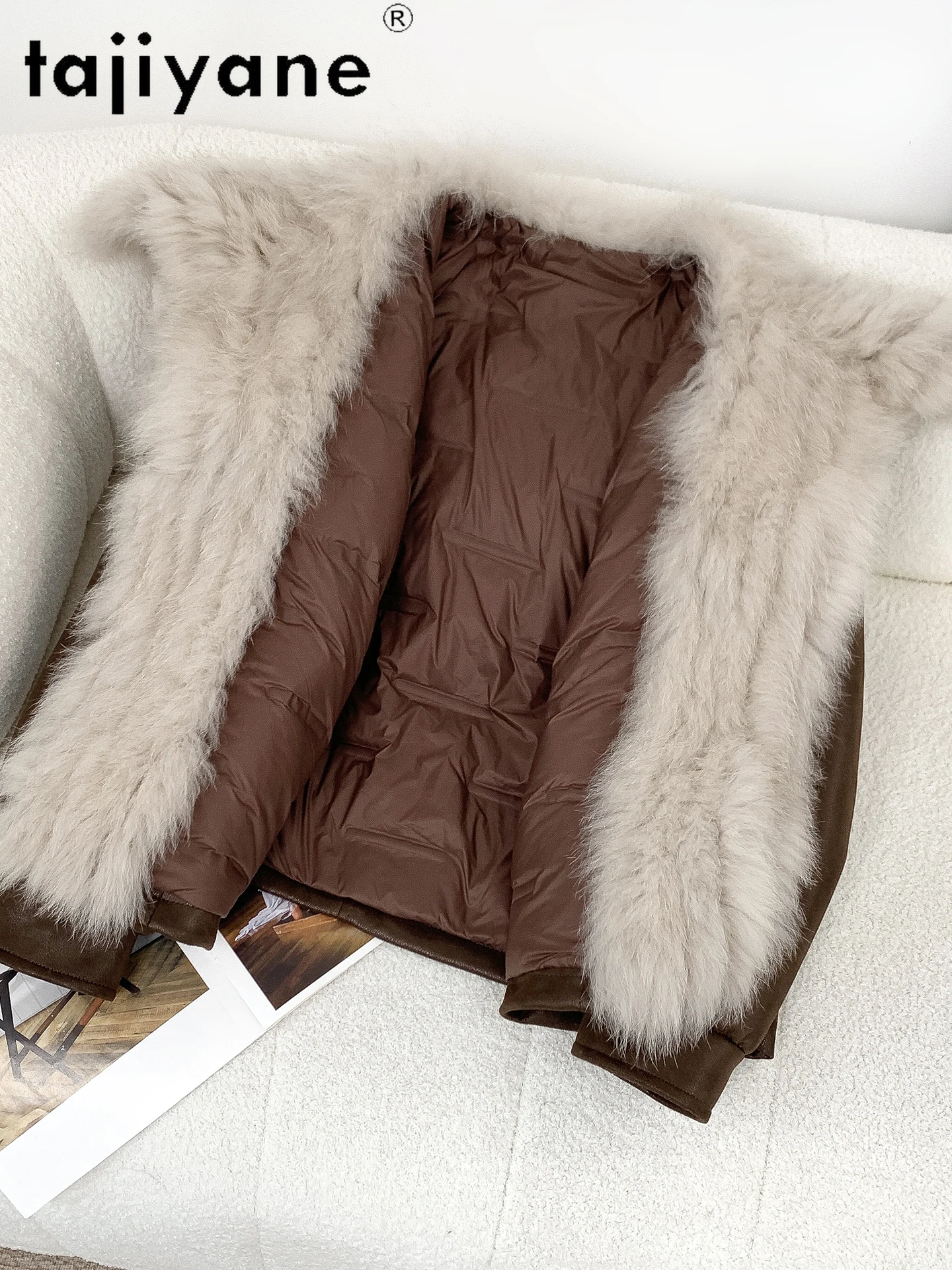 TAJIYANE أوزة أسفل معاطف النساء شيك الثعلب الفراء طوق سترات من جلد الغزال قسط الإناث ملابس خارجية الشتاء ملابس امرأة 2025 ropa mujer