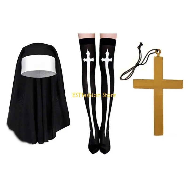 ملحق Y5GC NUN COSTUME مجموعة مع قبعة أزياء نون الكاثوليكية ، قلادة قلادة متقاطعة ، جوارب الجوارب عالية الفخذ الطباعة