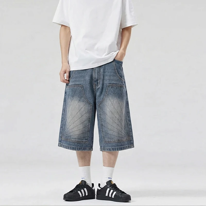 

Винтажные синие мужские джинсовые шорты с большими накладными карманами, выстиранные, свободного кроя, до колен, в стиле ретро, летние повседневные брюки