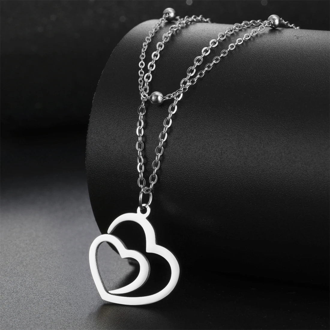 Eueavan Hohl Doppel Herz Halskette Für Frauen Edelstahl Romantische Liebe Symbol Anhänger Kette Engagement Schmuck Geschenk – Detail 14