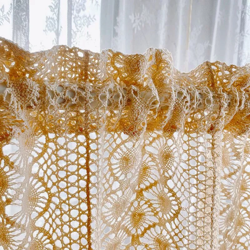 1PCS Knitted Lace Tiers Short Curtains for Kitchen Cabinet Toilet Crocheted Beige Hollow Hole Lace Floral Door Cafe Decroation