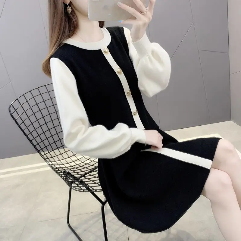 Elegant Fashion Round Neck Thick Color Blocking Dresses Female Clothing Spring Autumn Button Spliced Korean Long Sleeve Dress