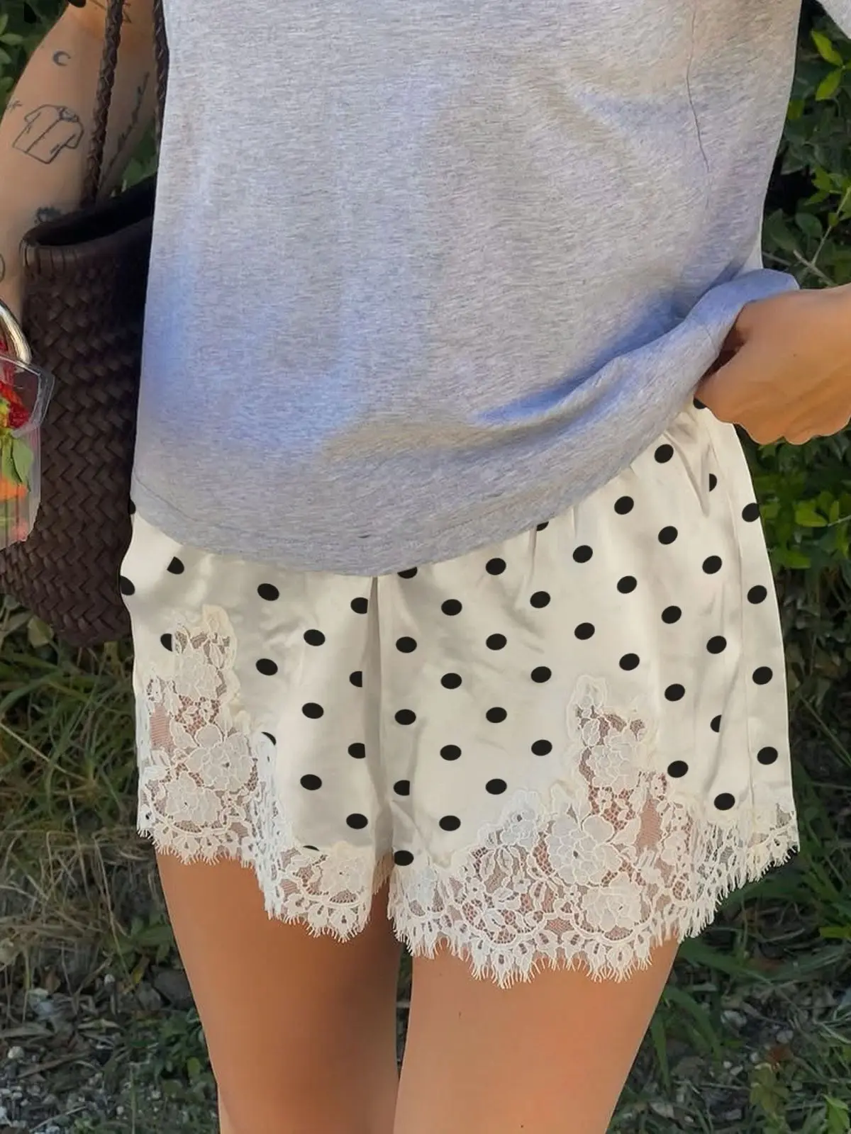 

Polka Dot Lace Trim Shorts Comfortable Loose Design Fashionable Women's Straight Leg Pants Natural Waist Polyester Fiber