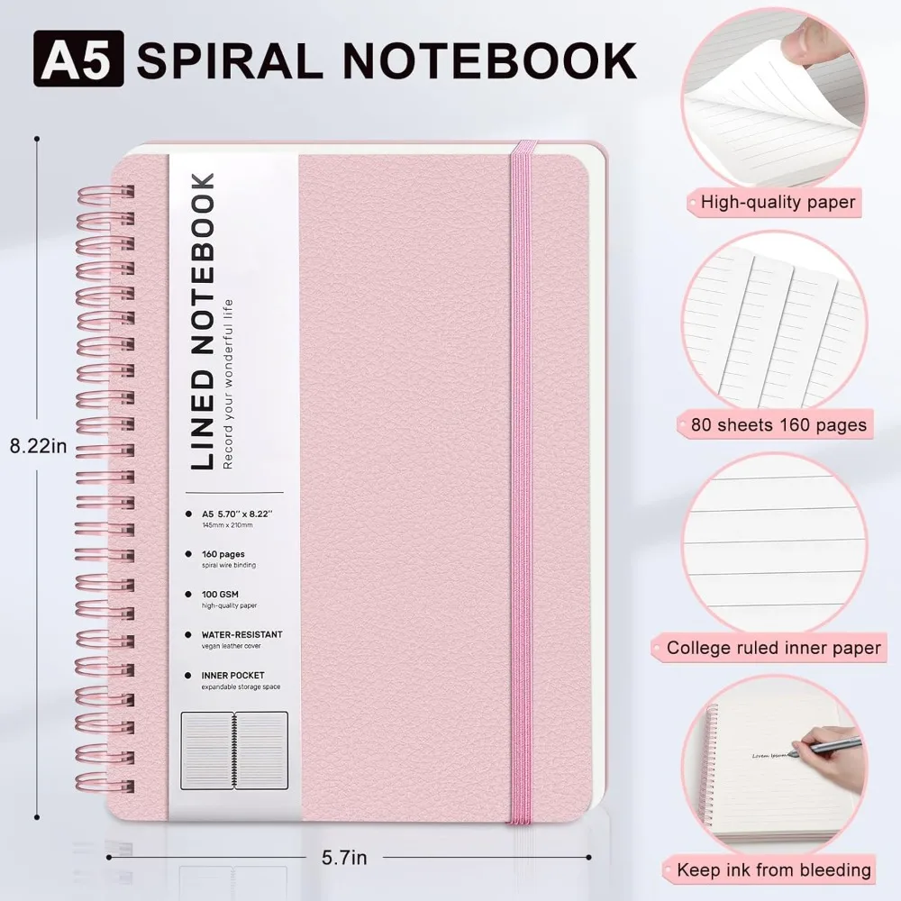 Wired Spiral Diary, A5 สมุดบันทึกหนังทํางานปกแข็ง, 5.7 นิ้ว × 8.2 นิ้ว, 100GSM กระดาษหนา Spiral Bound Diary