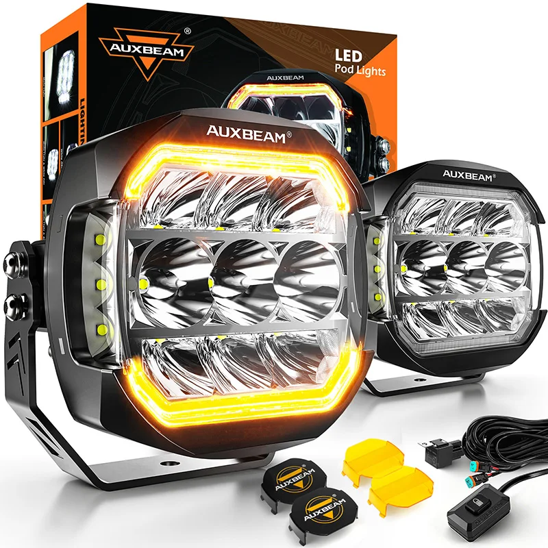 AUXBEAM Universal LED Car Lights 3/5 Inch LED Driving Pod Lights Kits Work Lights Turn Signal Lamp With DT Plug Wiring Harness
