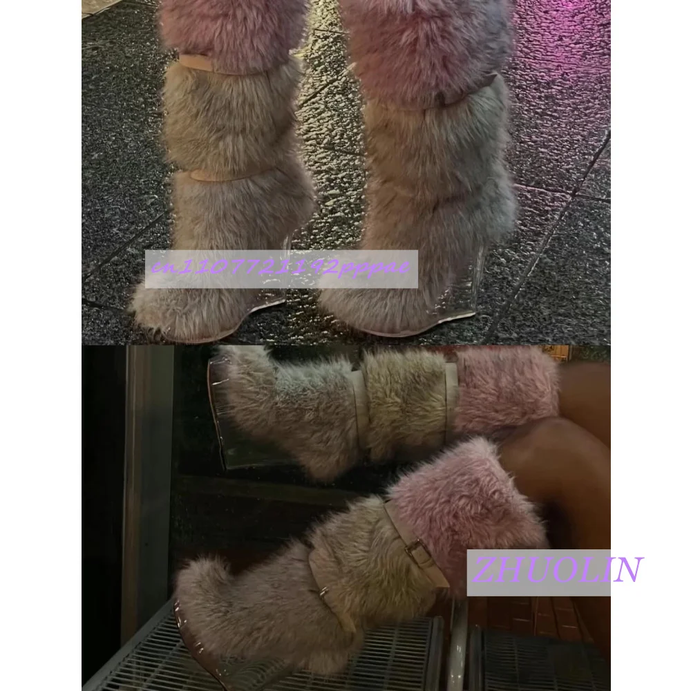 Winter Gradient Furry Transparent Wedge Boots Women'S Sweet Belt Buckle Snow Boots Fashion Trend Punk Runway Knee-High Boots 43 - view 4