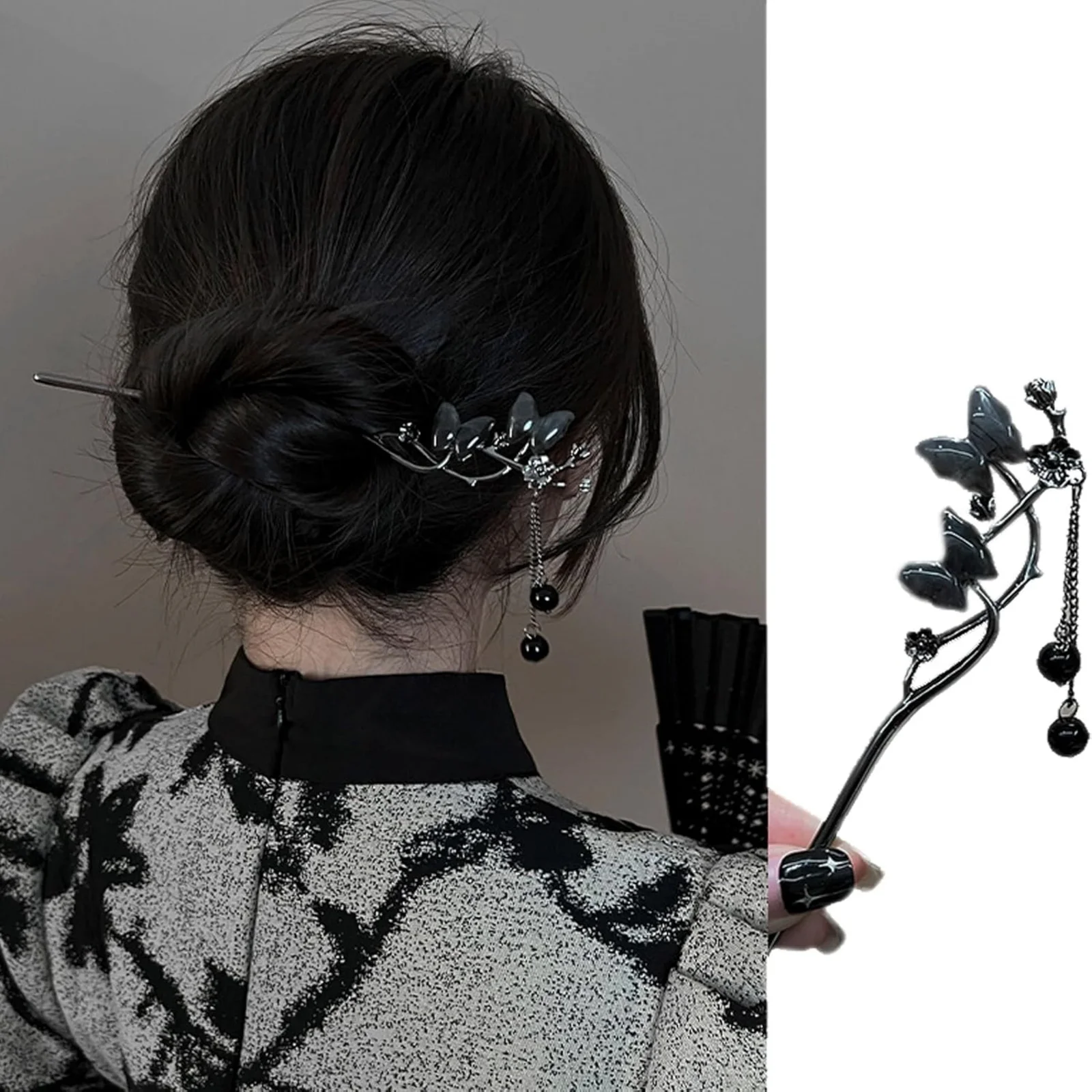 1 Stück chinesische Haarnadel-Kollektion, 6-teiliges Set mit Schmetterlings-, Rosen- und Halbmond-Designs, elegantes Quastendekor – Detail 5