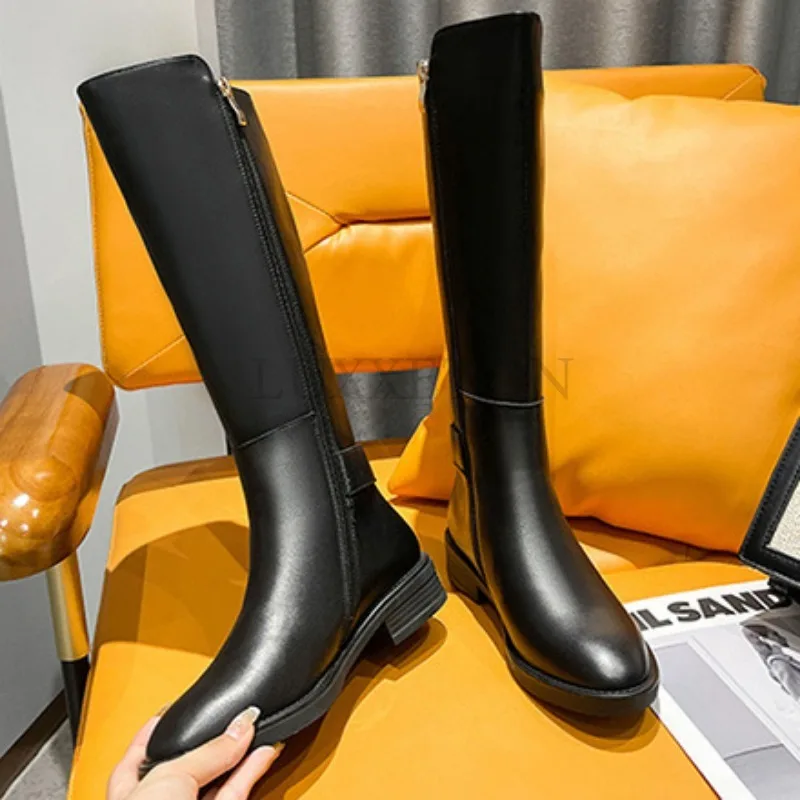 Leather Side Zipper Knee Length Women Long Boots with Thick Heels and Plush Solid Color Slim and Tall Chivalrous Boots