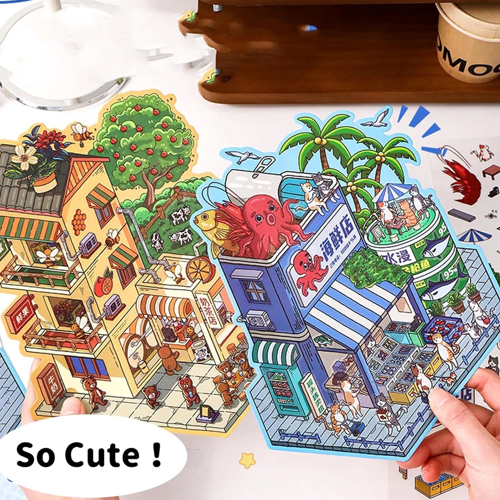 DIY 3D Fun Large Size House Scene Stickers Make Your Own Milk Tea Seafood Shop Sticker Scenes Cute Animal Micro Stickers