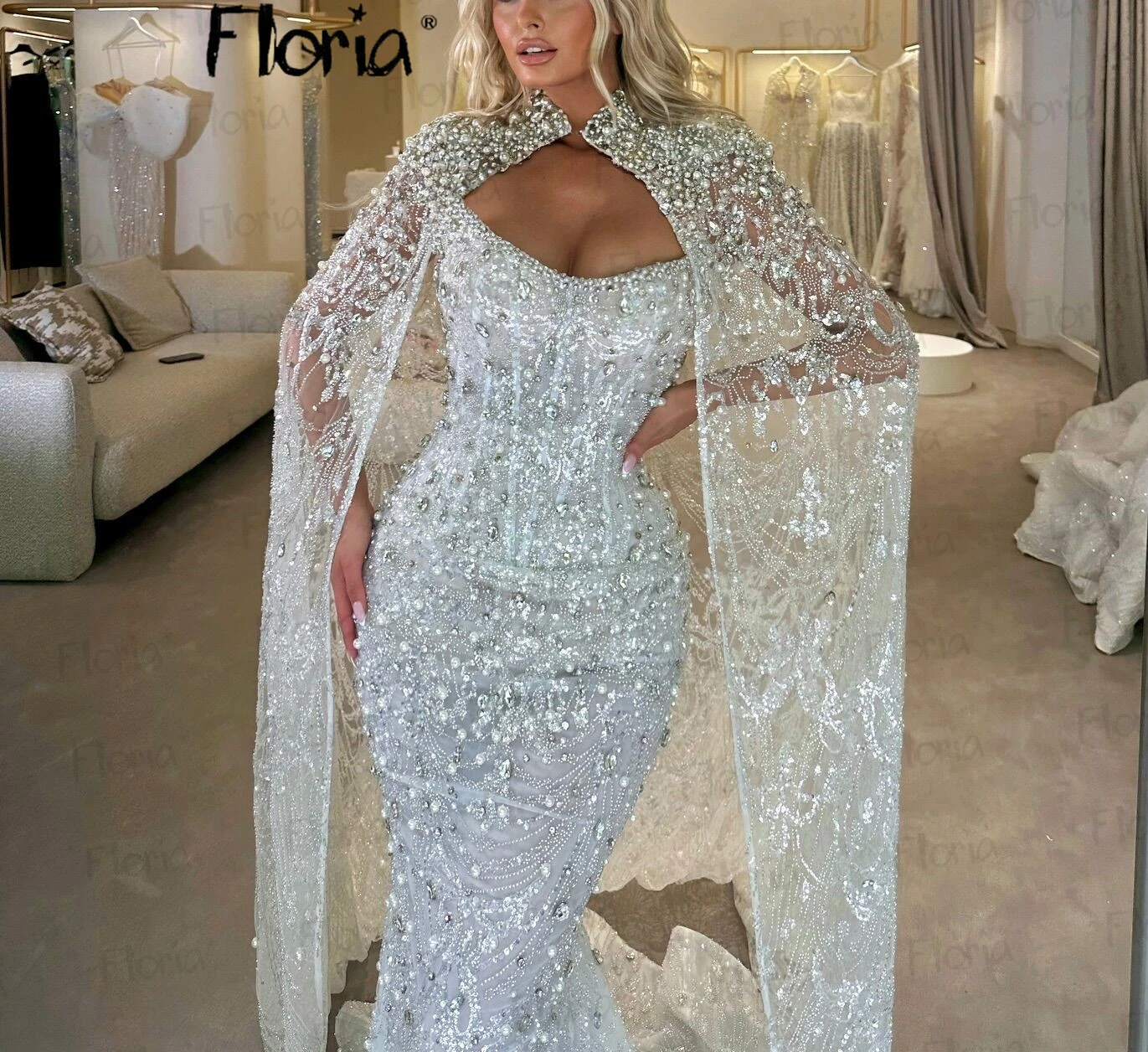 

Elegant Sparkly White Evening Dresses With Cape Sleeve 2 Pieces Full Crystals Mermaid Wedding Party Gowns Bridesmaid Dresses