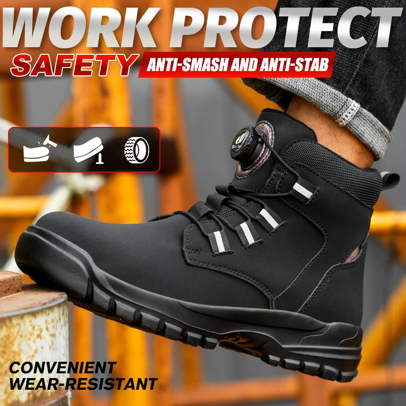 Rotating Button Puncture-proof Security Protective Shoes Lightweight Steel Toe Boots Waterproof Black Working Botas for Men