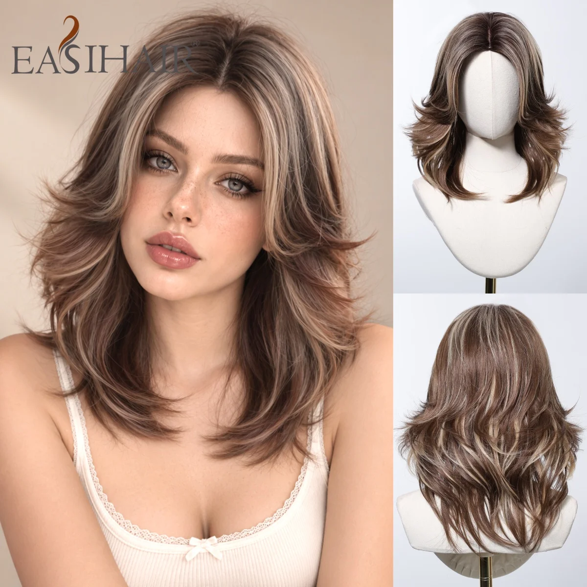 Medium Layered Ash Brown Wig with Curtain Bangs Natural Looking Synthetic Hair for Women Y2K Halloween Daily Party Cosplay