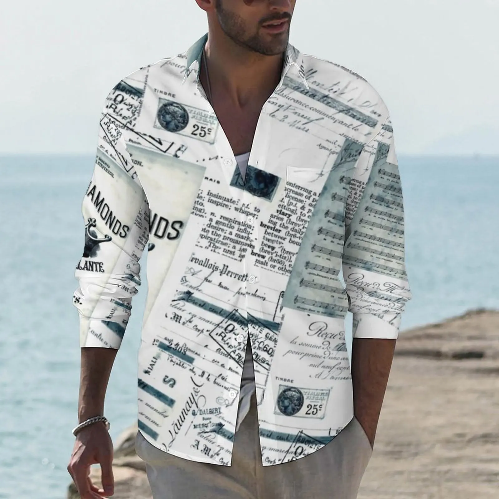 

Newspaper Artwork Y2K Casual Shirt Male Vintage Black White Shirt Autumn Loose Blouses Long Sleeve Graphic Oversize Clothing