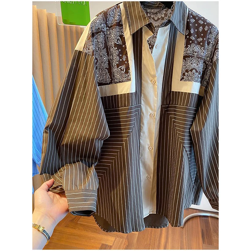 2024 New Design Sense Print Stitching Striped Long Sleeve Lapel Shirt Female Chinese Style Retro Comfortable Casual Print Shirt