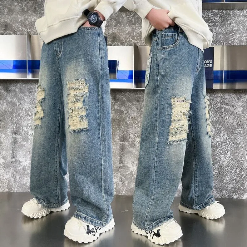 

High Quality Boys' Ripped Jeans for Big Kids Boys - Loose Fit Spring Autumn Trendy Wide Leg Jeans with Comfortable Stretch