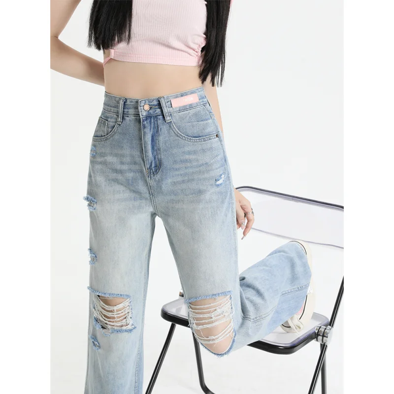 Blue Jeans Women Worn-out High Waist American Streetwear Wide Leg Pants Fashion Vintage Straight Summer 2023 NEW Female Trouser