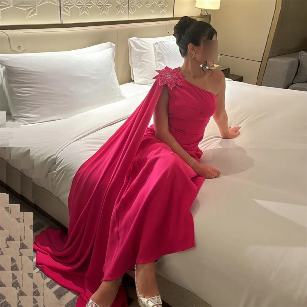 Formal Gown Saudi Arabia Evening     Prom Dearin One-shoulder A-line Floor Length Skirts Draped Knot Ruffle