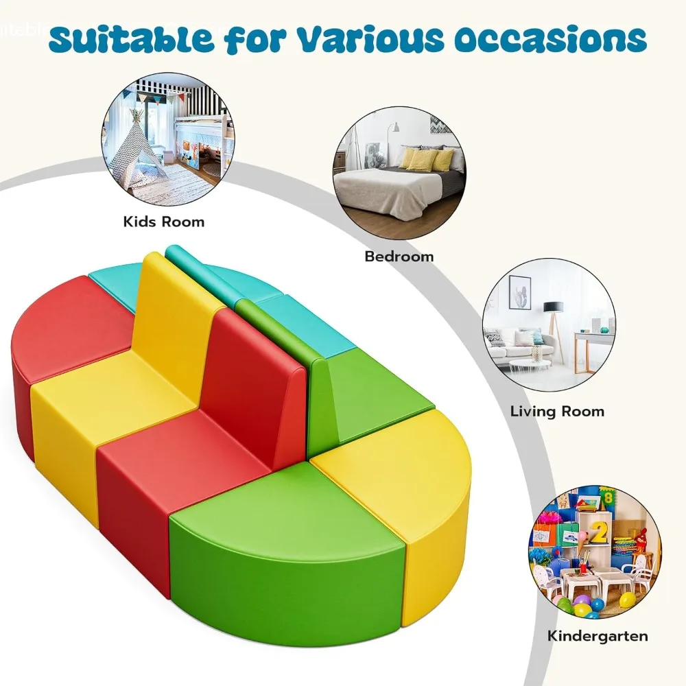 Conjunto de sofá infantil de 8 peças, cadeiras para atividades de crianças, conjunto de assentos flexíveis modulares coloridos para sala de jogos pré-escolar em casa