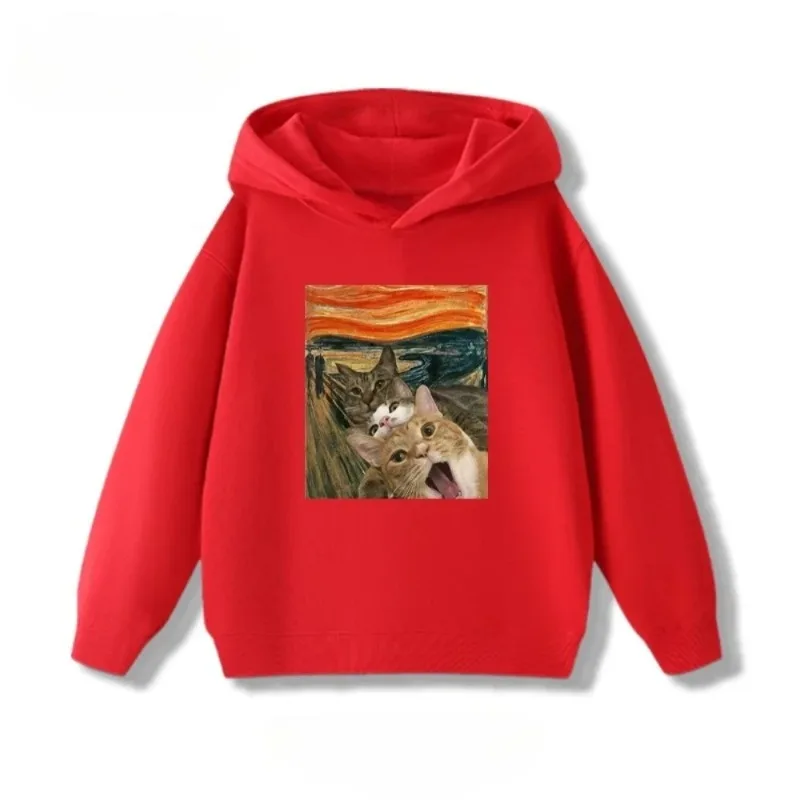 

Children's Solid Color Hoodie Paired with Cat Photo Pattern Suitable for Autumn and Winter Children's Hooded Sweatshirt