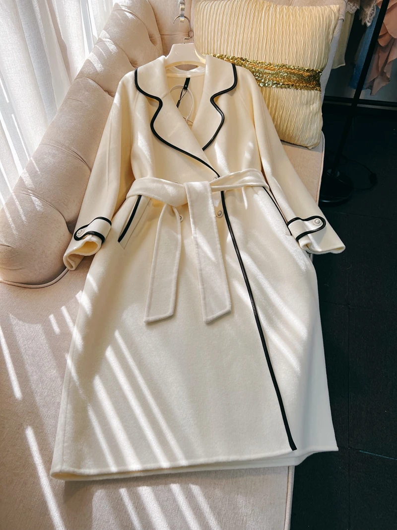 

100% Wool Coats Korean Fashion Elegant White Trench Coat for Women 2023 Autumn Winter Luxury Long Jaqueta Feminina Outwears