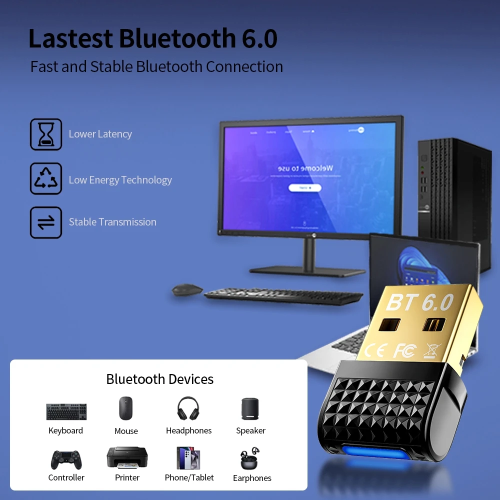 Adattatore USB Bluetooth 6.0 Trasmettitore ricevitore audio Aux per altoparlante per PC Laptop Adattatore trasmettitore USB per mouse wireless
