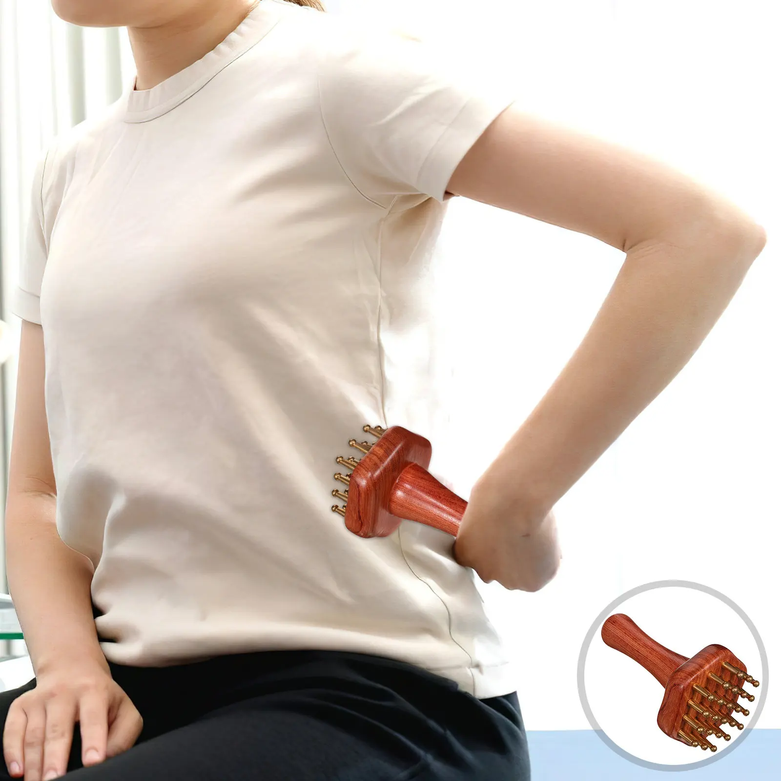 

Manual Brass Meridian Massage Brush with Wooden Handle Multi-Functional Scalp Back Leg Pressure Point Massager for Wellness