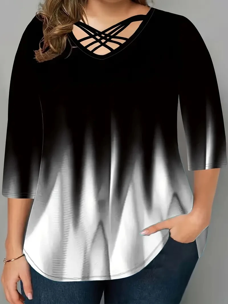 Plus Size CasualT-shirt damski Plus Ombre Print w kratkę pół rękawa dekolt w szpic z lekkim elastyczna koszulka