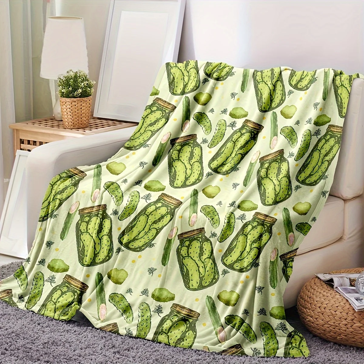 La manta estampada con botella de pepino, suave y cómoda, lavable a máquina, adecuada para dormitorio y sala de estar, 1 ud.