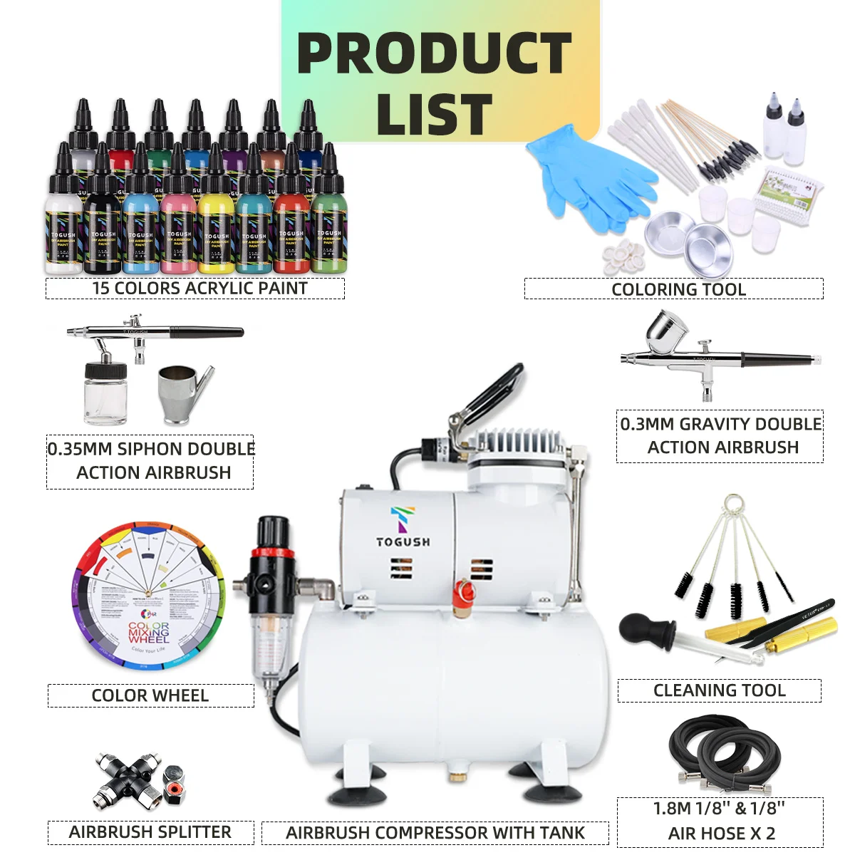 OPHIR Airbrushes Compressor with 3L Tank with 2 Airbrush and 15 Colors Airbrush Paint Set for Model Painting Hobby Craft BP025