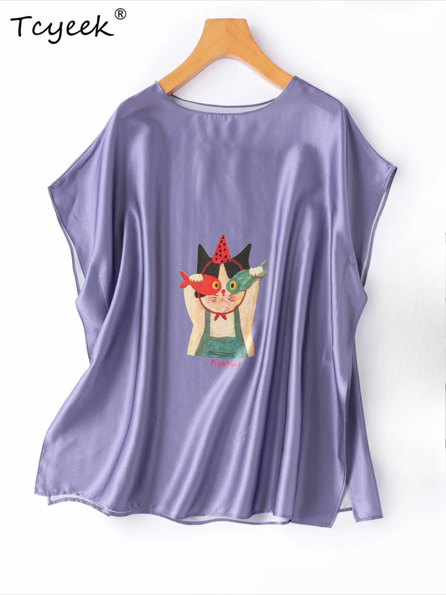 

Tcyeek 93% Real Mulberry Silk T-shirt Summer Clothes Elegant T-shirts for Women Loose Fit Ladies Tops Batwing Sleeve Топ Женский