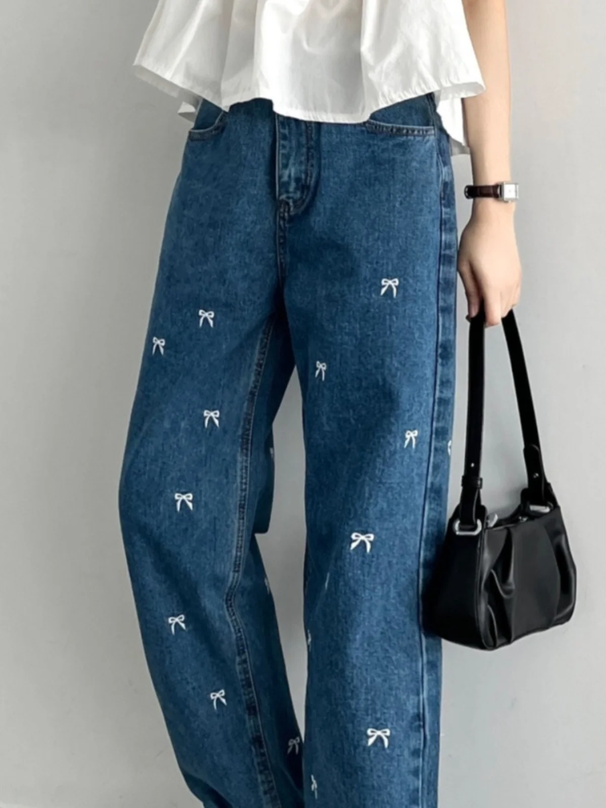 

Корейские длинные джинсы с высокой талией, женские модные повседневные свободные универсальные джинсы с узлом и лентой и вышивкой