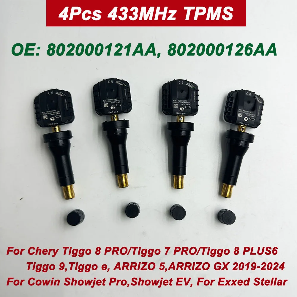 

4Pcs 802000121AA 802000126AA TPMS Tire Pressure Sensor For Chery Tiggo 8 PRO,Tiggo 7 PRO, Tiggo 8 PLUS, Tiggo 9, ARRIZO 433MHz