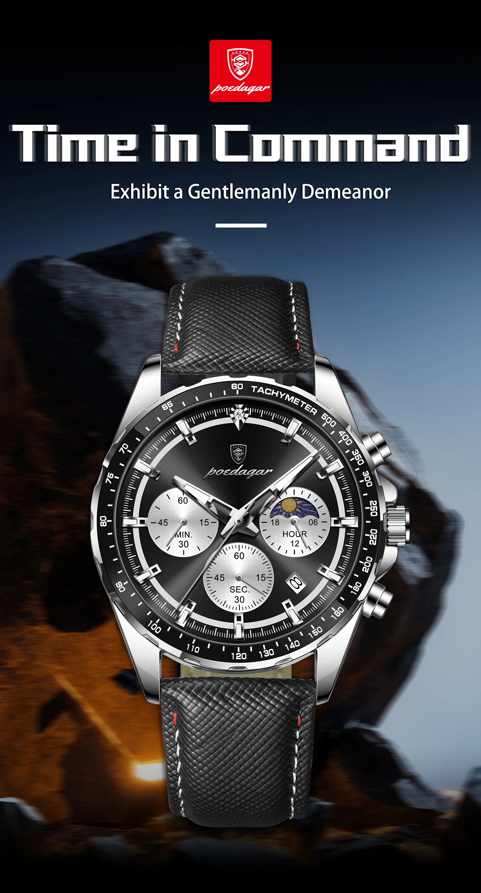 POEDAGAR Top Original Herrenuhren Leuchtend Wasserdicht Modische Männeruhr Leder Chronograph Datum Quarz Sport Herren Armbanduhr – Detail 2