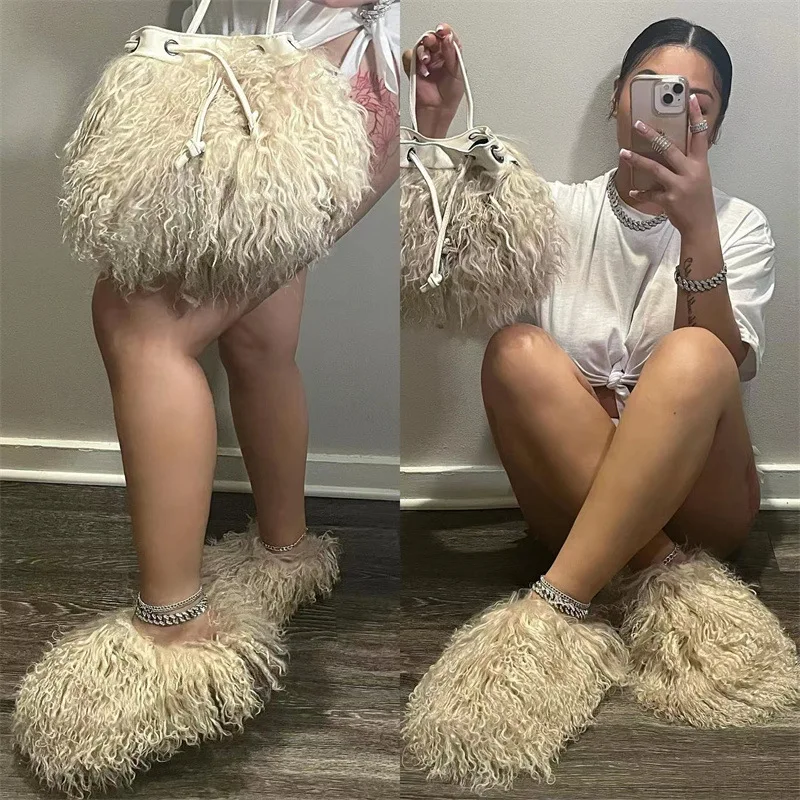 Sweet Kawaii Candy Furry Mules Women Home Slides Luxury Fluffy Faux Fur Flip Flops Female Y2k Street Fashion Girls Plush Slipper