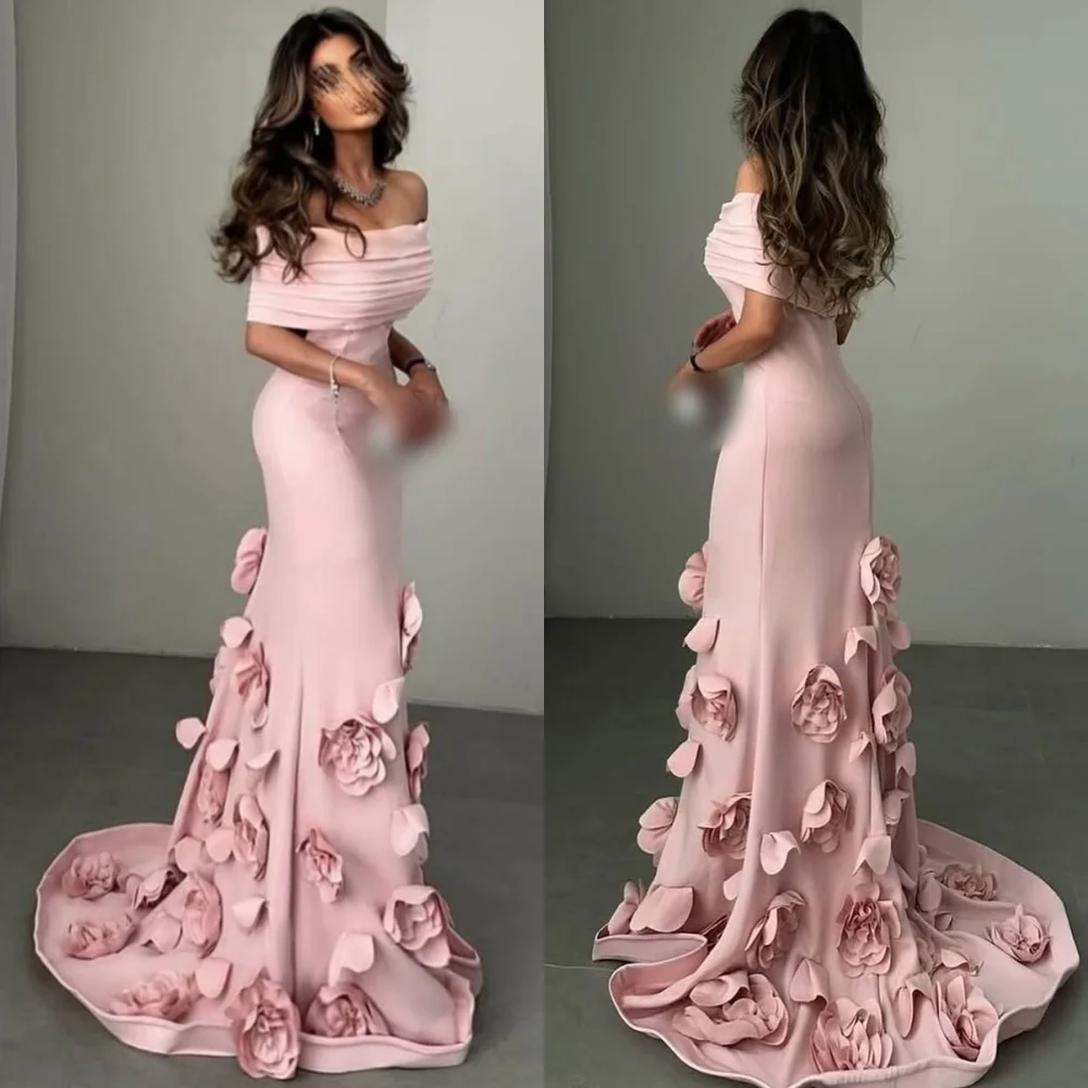 

Customized Chinese Style Jersey Flower Pleat Trumpet Off-the-shoulder Long Dresses Bespoke Occasion Casual