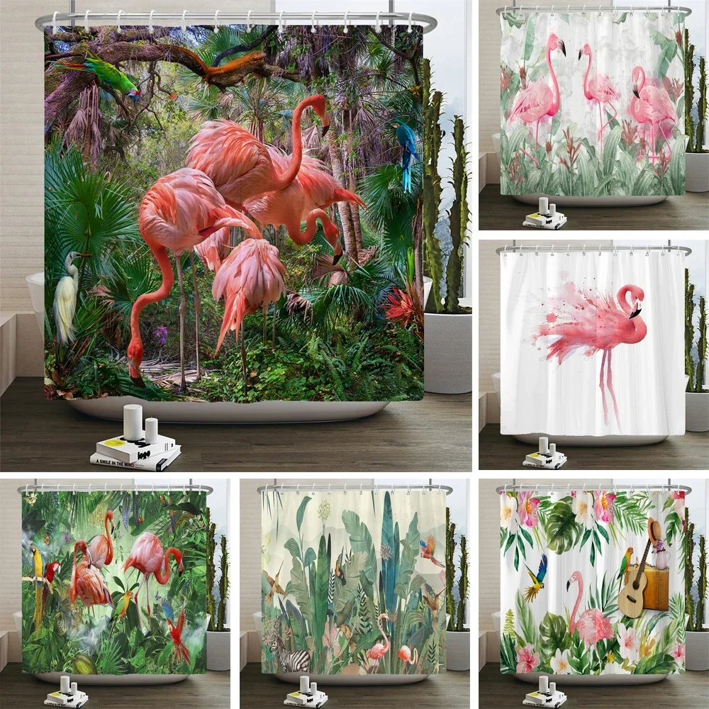 Tropical Jungle Flamingo Shower Curtain Green Palm Leaf Parrot Toucan Bird Watercolor Pink Flamingo Wild Nature Rainforest Flora