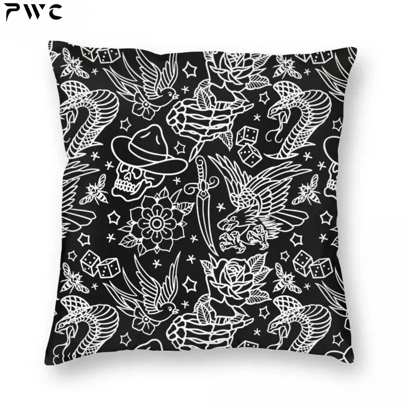 American Traditional Tattoo Flash Square Pillowcase Polyester Zip Decor Throw Pillow Case Room Cushion Cover 45x45