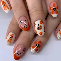 24 stks Korte Halloween Nep Nagels Leuke Pompoen Kat Ghost Valse Nagel Patch Volledige Dekking Wearable Fake Nail Tips 2024 Halloween Geschenken