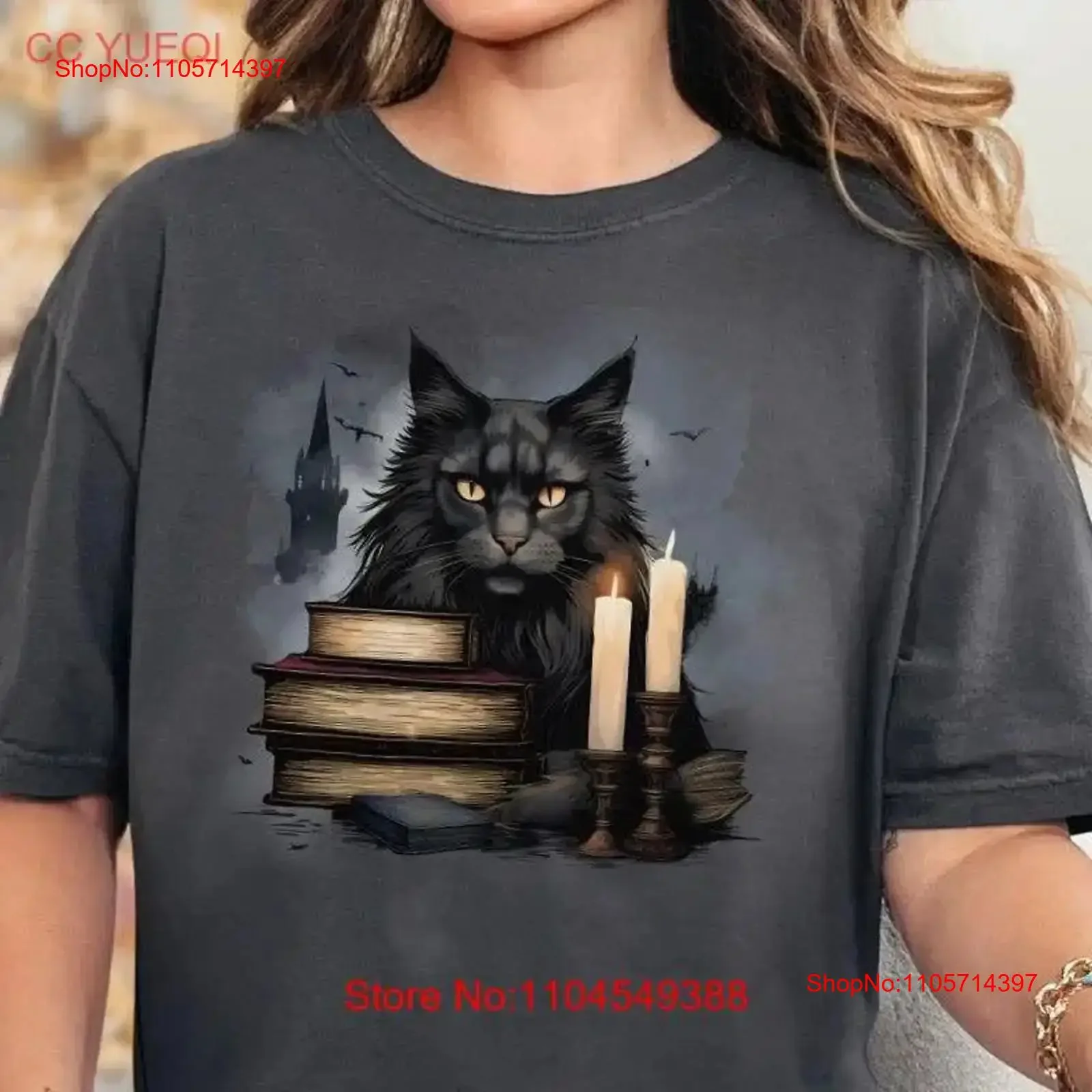 Black Maine Coon Cat Moody Vintage Style T Shirt for Mom or Dad with Books Candles Full Design in 100 Cotton pre shrunk Stylish