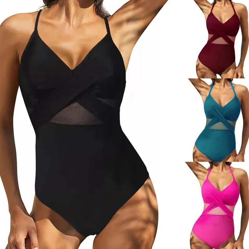 

Woman Tankini Bathing Suit Solid Color High Stretch Slim Fit Cross Front Design Sheer Mesh Panel Ruched Waist V Neckline Thin