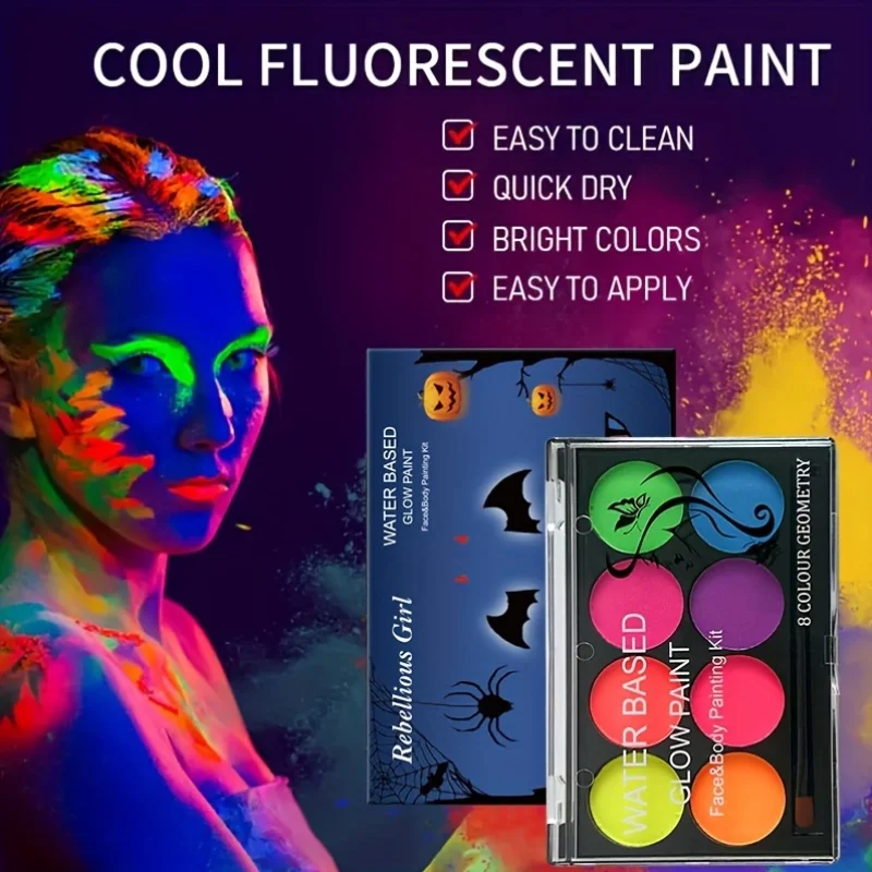8 Color Face Paint with Sticker Luminiscent Face Body Painting UV Glow Fluorescent Glowing Halloween Party Fancy Dress Beauty