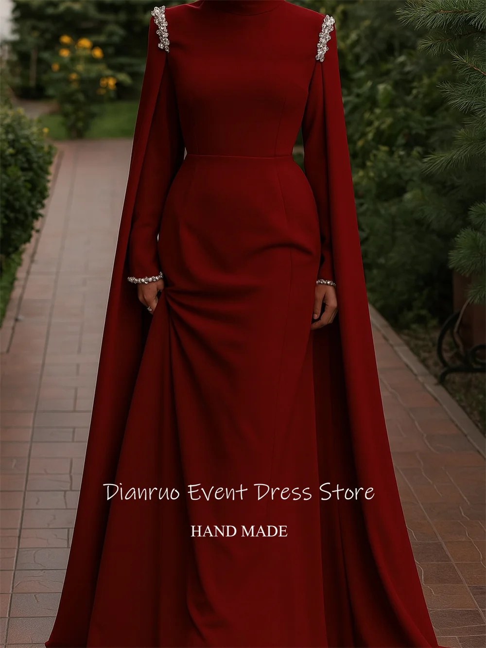 Dianruo бордовые вечерние платья с накидкой и рукавами, атласные длинные сверкающие платья для выпускного вечера, плиссированные элегантные мусульманские платья в Саудовской Аравии по индивидуальному заказу