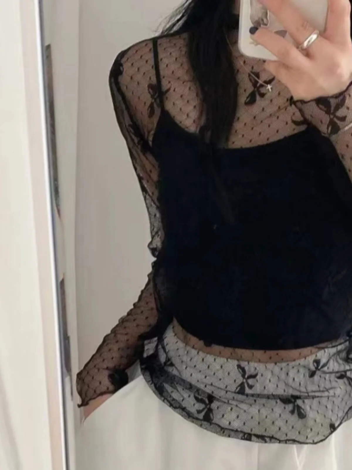 

Translucent Long Sve Base irt Women's Lace Knot Tulle Underwear Flower Patterned Layering Top Sun Protection