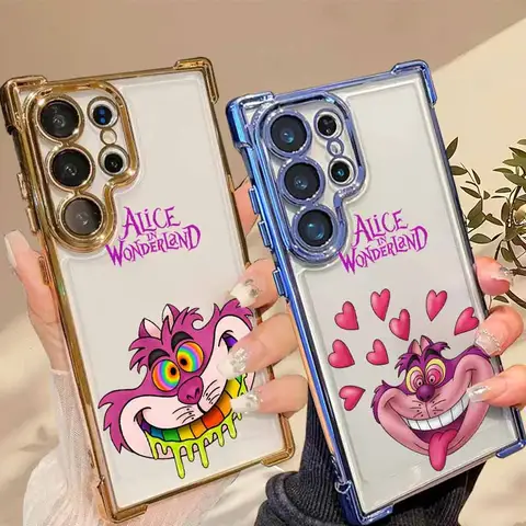 Alice in Wonderland Cheshire cat For Samsung S26 S25 Edge S24 S23 S22 S21 S20 Note 20 Ultra Plus Plating Anti-Fall Phone Case