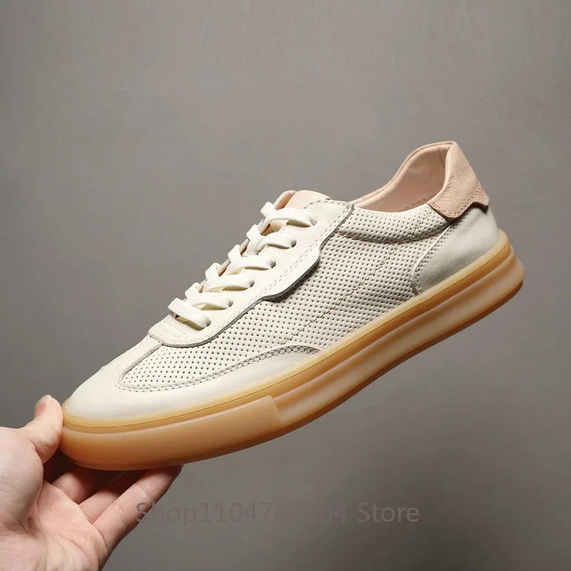 European Men's Shoes Summer New Genuine Leather White Black Cowhide Thick Sole Hollowed Out Casual Shoes Male Hiking Flats