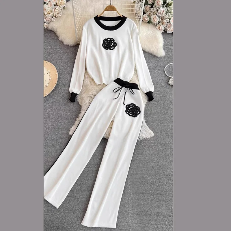 New Autumn Korean Fashion Casual Knit Two Piece Set Women Sweater Top + Wide Leg Pant Suits Tracksuit 2 Piece Sets